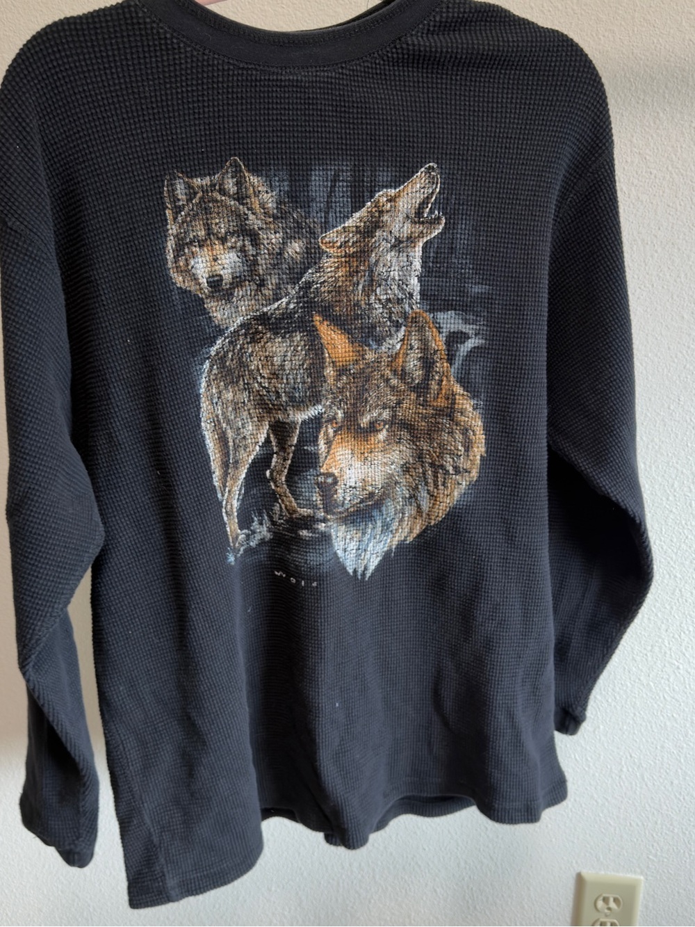 Vintage Wolf Graphic Waffle Knit Long Sleeve Black Y2K Mens L - Picture 2 of 7